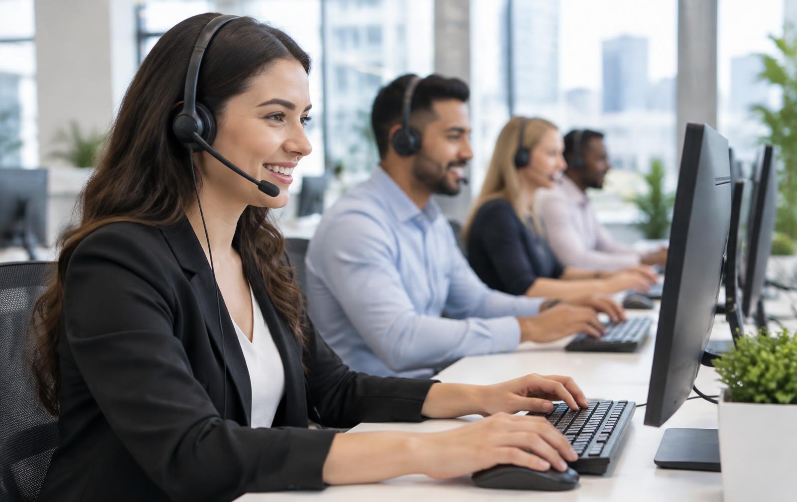 Customer service team wearing headsets at their workstations
