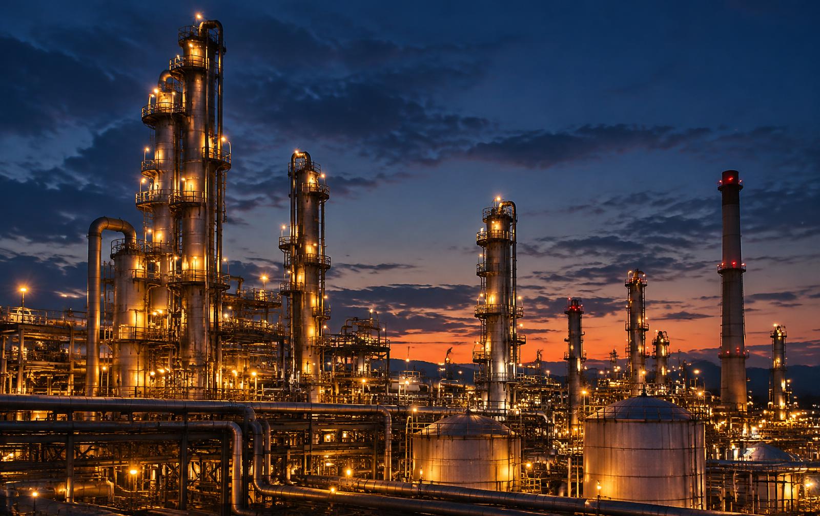 Industrial oil refinery at dusk with illuminated structures