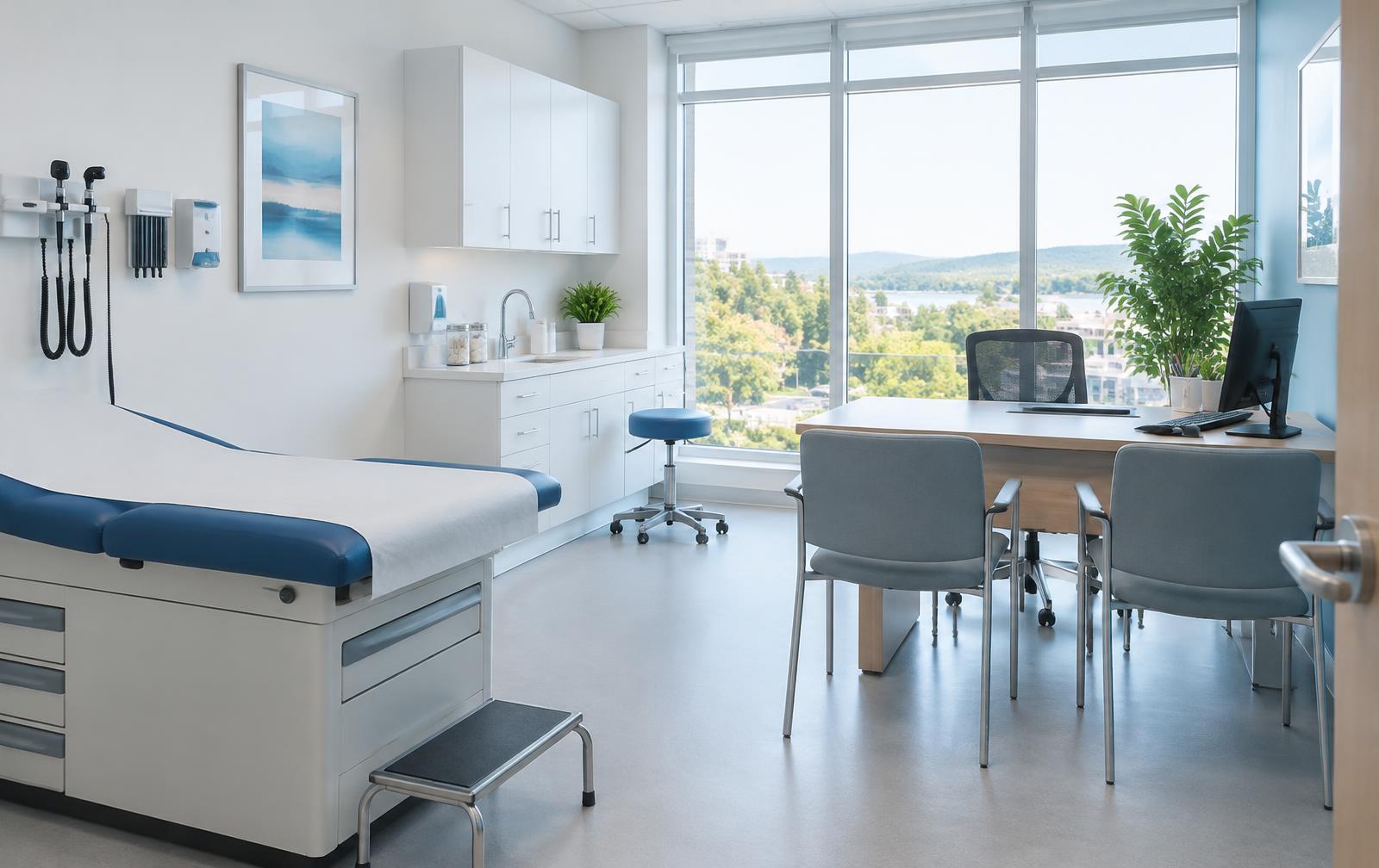 Bright modern medical practice interior with examination room and consultation space
