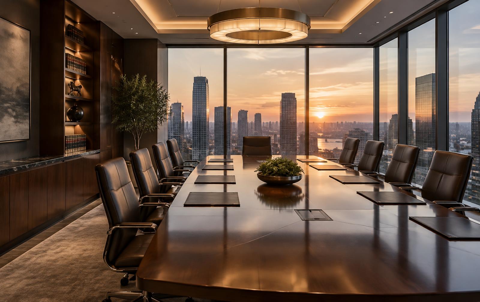Elegant law firm boardroom with a long conference table