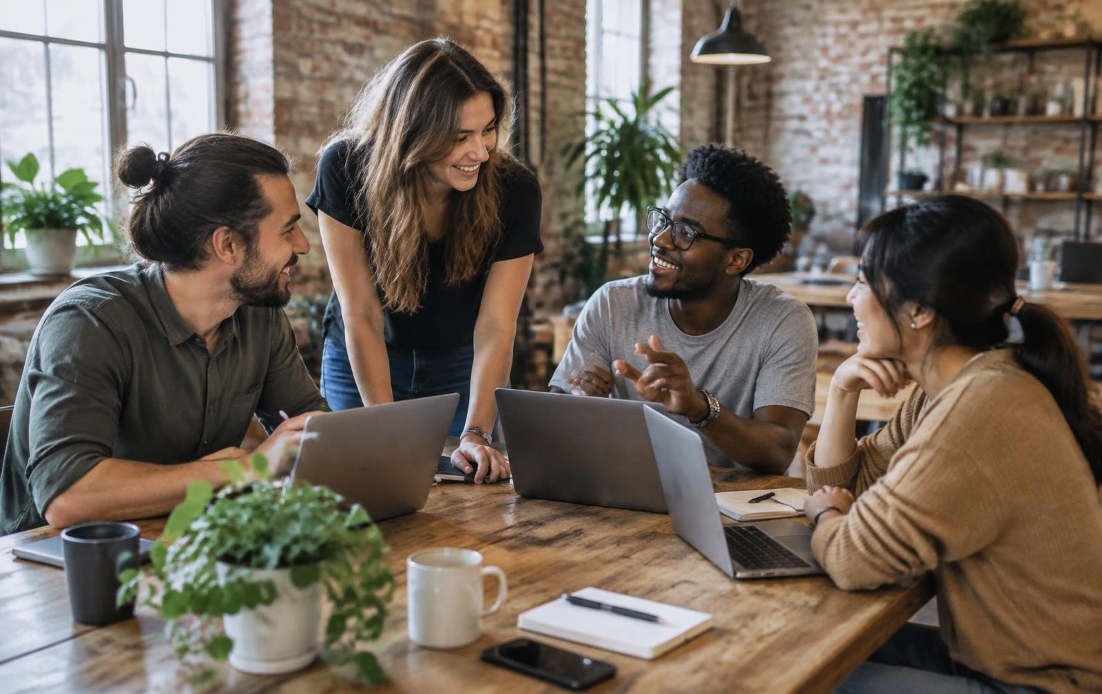 Small startup team collaborating around a table with laptops