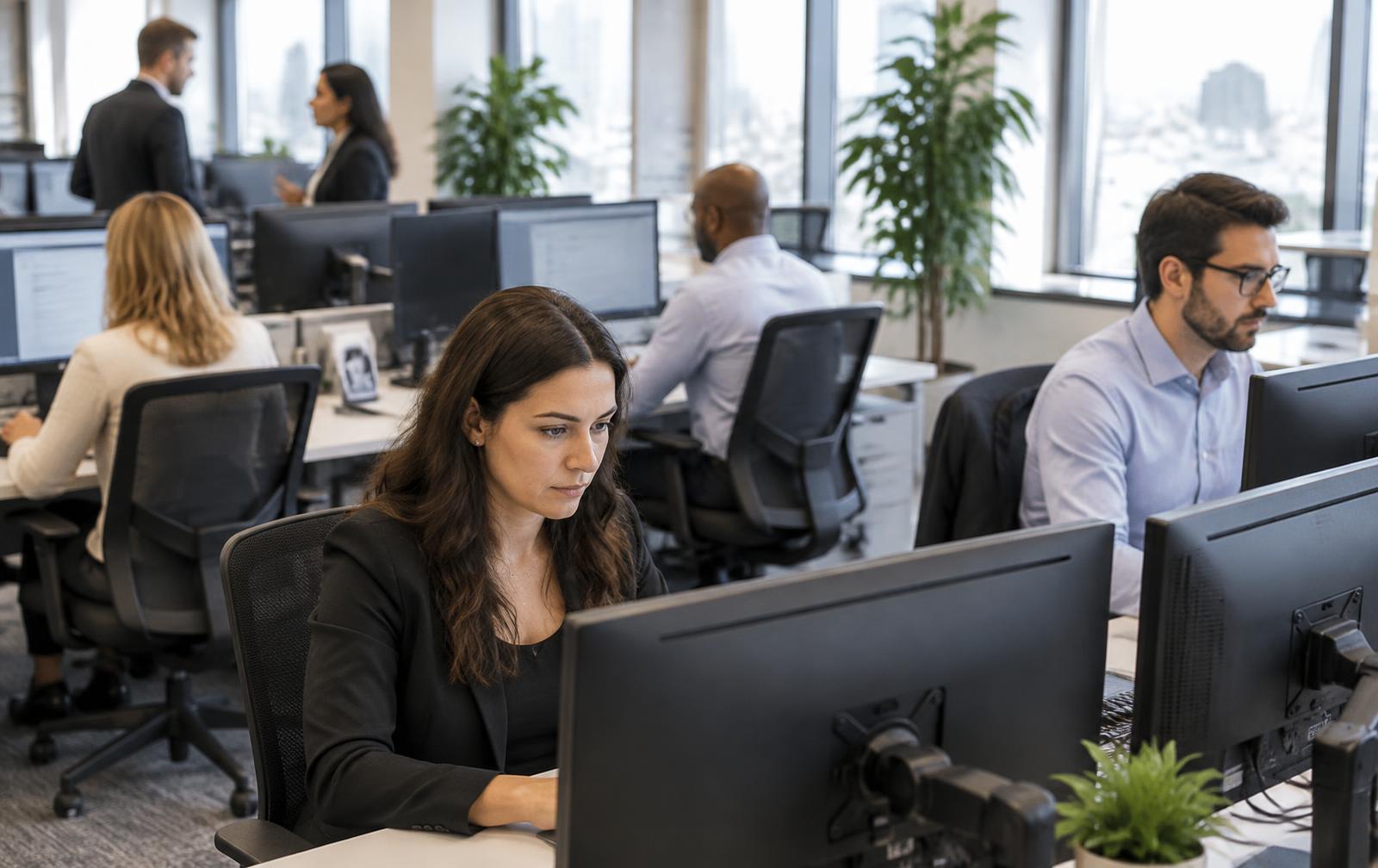 Busy professional office team working at desks with multiple monitors